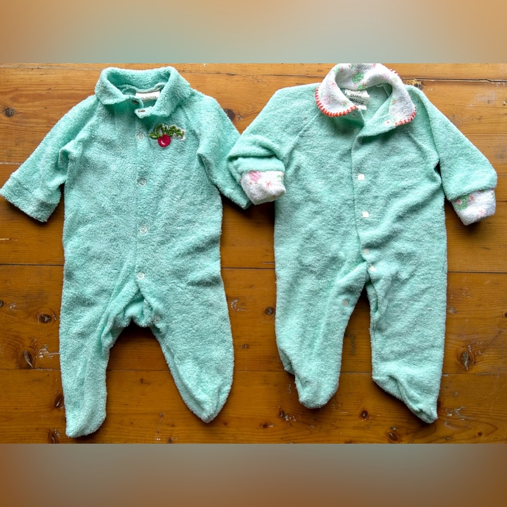 Vintage Sears Newborn Footed Pajamas Green with Cherries and Ducks